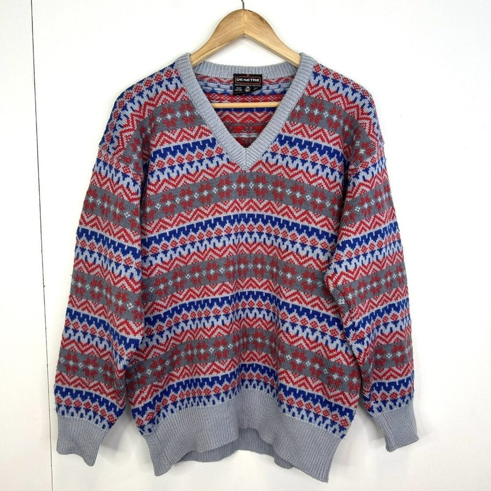 Demetre Sweater Mens Size Large Wool V-Neck Ski Nordic Fair Isle Vintage